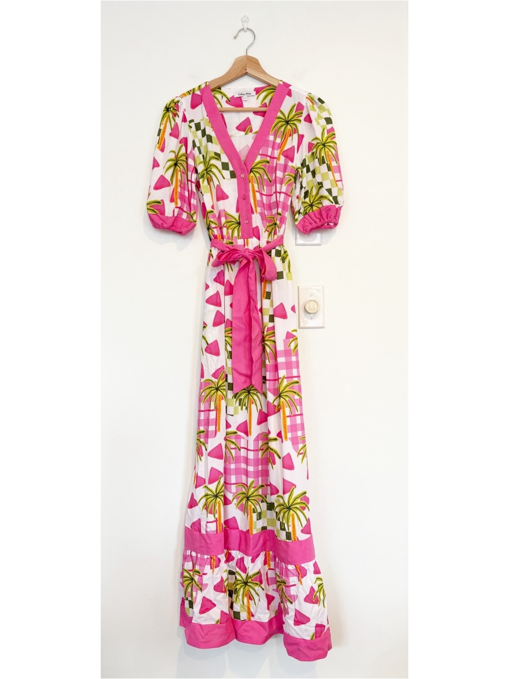 Anthropologie || Celina Moon Belted Palm Print Maxi Dress Pink XS